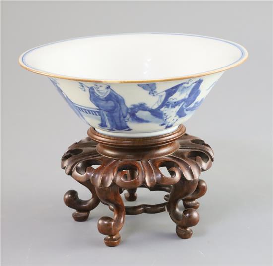 A Chinese blue and white immortals bowl, 18th century, D. 16.5cm, wood stand